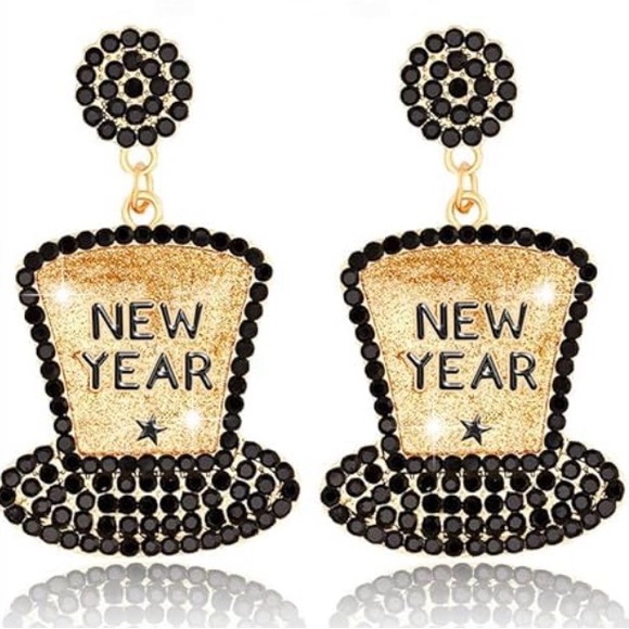 Jewelry - Gold & Black Rhinestone New Year Hat Earrings | NYE Party Statement Jewelry